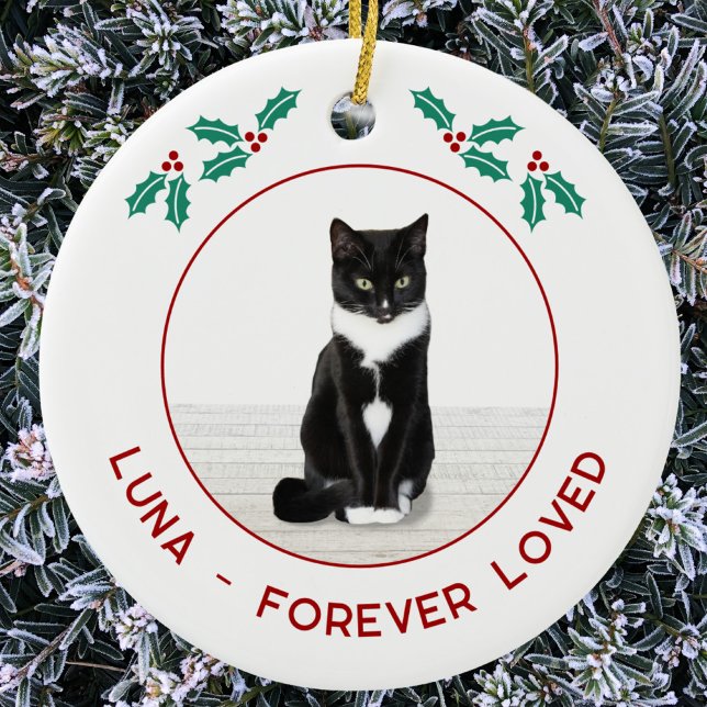 Adorno De Cerámica Foto personalizada de Navidad en memoria de gato m (Personalized name text pet cat memorial photo Christmas ornament)