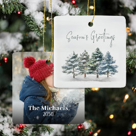 Adorno De Cerámica Foto personalizada de pinos verdes de invierno