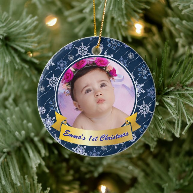 Adorno De Cerámica Foto personalizada de Snowflake Navy Blue (Árbol)