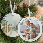 Adorno De Cerámica Foto personalizada de Woodland Path Watercolor<br><div class="desc">Ornamento de Navidad fotográfico que puedes personalizar para Grammie o para cualquier otra persona! El diseño tiene una elegante escena acuarela a un lado de un sendero arbolado con un búho y un ladrón en el poste de la cerca. El otro lado tiene su foto y sus nombres u otro...</div>