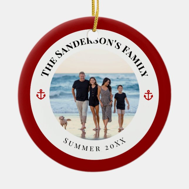 Adorno De Cerámica Foto personalizada en círculo negro con ancla roja (Frente)