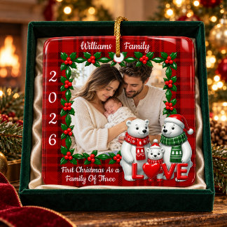 Adorno De Cerámica Foto personalizada Familia de tres primera Navidad