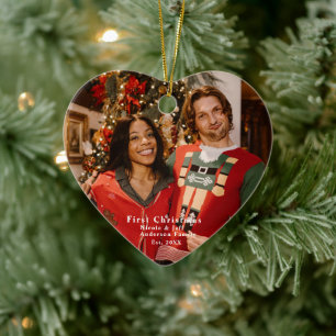 Adorno De Cerámica Foto personalizada "First Christmas" Heart Shaped