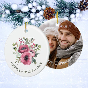 Adorno De Cerámica Foto personalizada Navidad floral rosa
