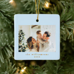 Adorno De Cerámica Foto personalizada Navidad Minimal Azul Simple Fam