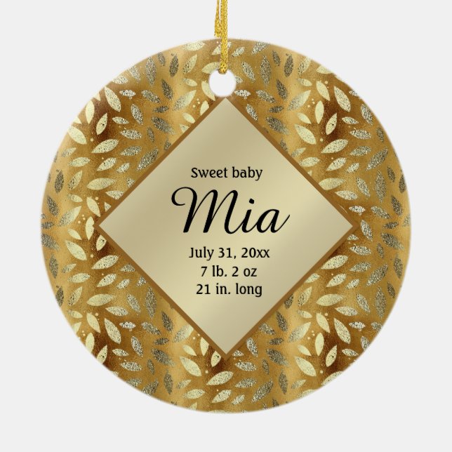Adorno De Cerámica Foto personalizada Oro deja al bebé cumpleaños (Atrás)