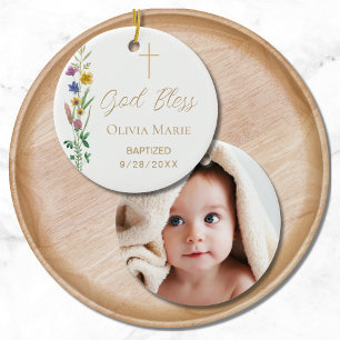 Adorno De Cerámica Foto personalizado Baptismo Religioso Floral