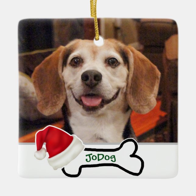 Adorno De Cerámica Foto personalizado Cute Dog Bone con Santa Hat (Anverso)