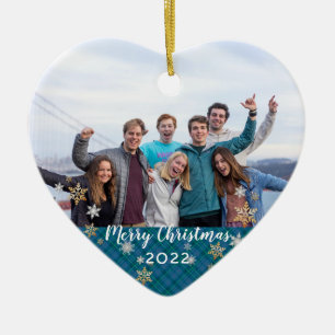 Adorno De Cerámica Foto personalizado de 2 lados Merry Christmas Blue