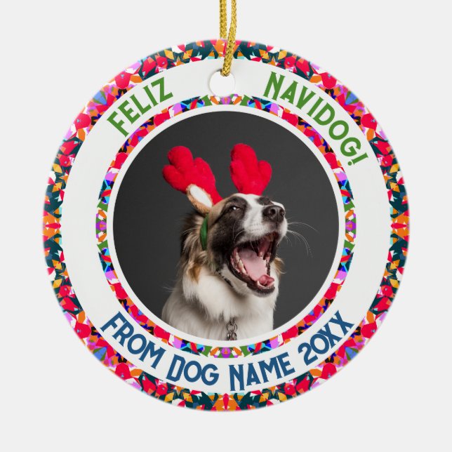 Adorno De Cerámica Foto personalizado Feliz Navidog First Christmas D (Frente)