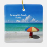 Adorno De Cerámica Foto personalizado Panamá City Beach Umbrellas<br><div class="desc">Si has viajado a la ciudad de Panamá, Florida este año, te gustará recordar el viaje con este original adorno de recuerdos de viajes de Navidades con esta vibrante imagen fotográfica de las aguas azul turquesa, la playa de arena blanca, un paraguas y una silla de playa roja y una...</div>