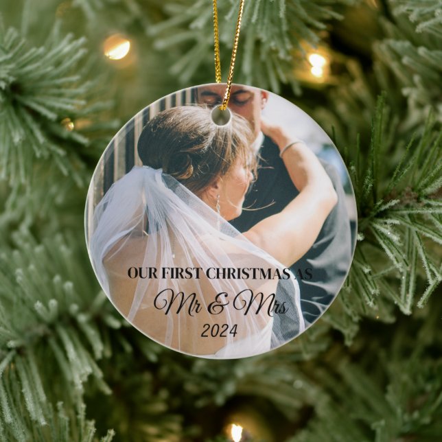 Adorno De Cerámica Foto personalizado Primera Navidad casada (Árbol)