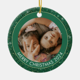 Adorno De Cerámica Foto personalizado Purpurina Verde Feliz Navidad