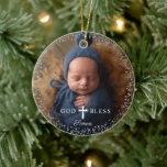 Adorno De Cerámica Foto personalizado Religiosa Baptism Navy Blue Sil<br><div class="desc">Personalizado Foto Religiosa Baptismo Armada Plata Azul Ornamento Cerámico</div>