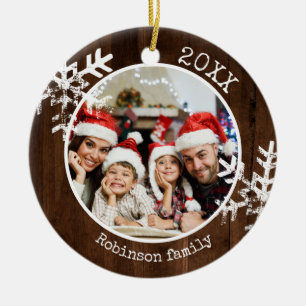 Adorno De Cerámica Foto personalizado Rustic Wood Snowflake