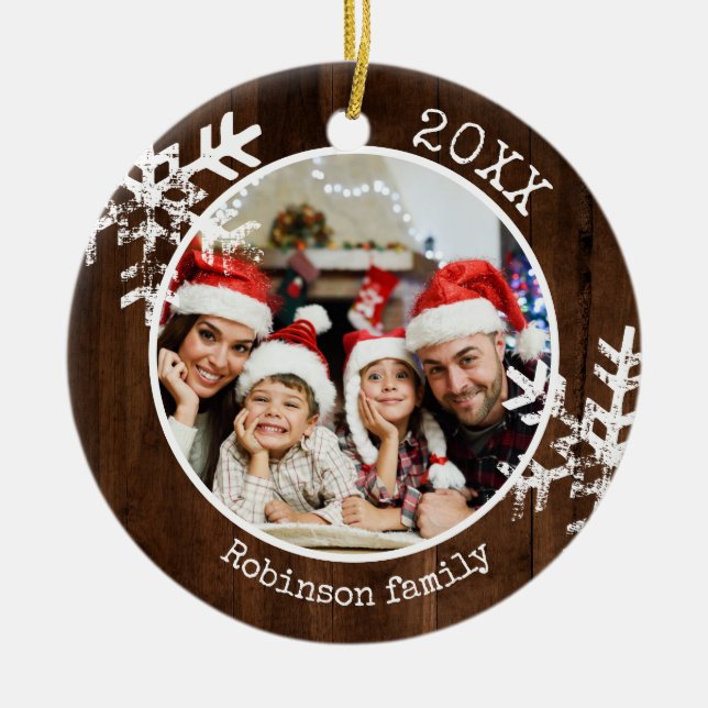 Adorno De Cerámica Foto personalizado Rustic Wood Snowflake (Frente)