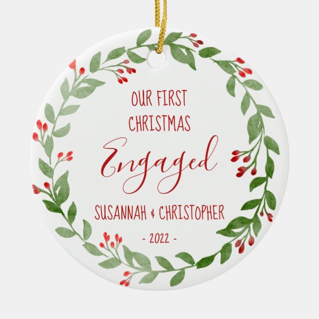 Adorno De Cerámica Foto personalizado Wreath Red First Christmas Enga (Frente)
