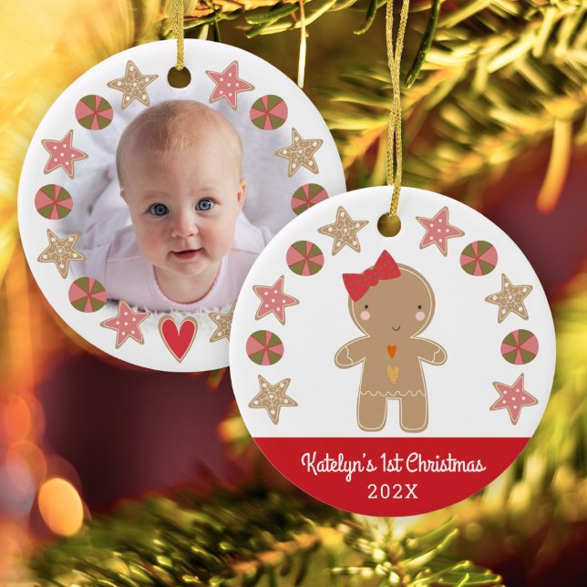Adorno De Cerámica Foto Primera Navidad Gingbread Baby Girl Red (Subido por el creador)
