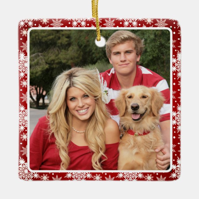 Adorno De Cerámica Foto tradicional de copos de nieve rojos y blancos (Anverso)