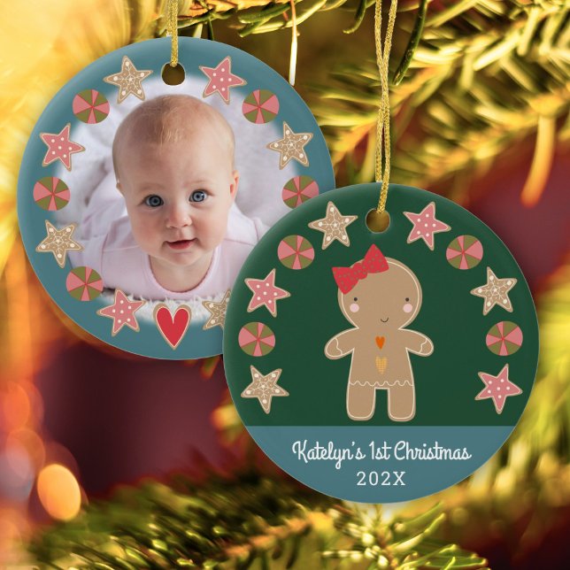 Adorno De Cerámica Foto Verde Primera Navidad Gingbread Baby Girl (Subido por el creador)
