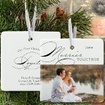 Adorno De Cerámica Fotografía conjunta de Merrier y caligrafía elegan<br><div class="desc">Ornamento de fotos de Navidades de Merrier Together que puedes personalizar con tu foto favorita y tu redacción personalizada. Diseño tipográfico elegante con caligrafía rápida y fácil de editar para una familia o pareja romántica. Este adorno vacacional está escrito con Merrier Together por un lado y texto editable por el...</div>
