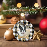 Adorno De Cerámica Fotografía de la familia Gold Bow del patrón negro<br><div class="desc">Añada un encanto acogedor y cálido a su árbol de Navidad con nuestro adorno de fotos familiar con un acogedor y cálido fondo de estampado de búfalo negro. Marco de foto en círculo con un falso arco de oro festivo. Personalizar con su firma familiar y foto familiar. Diseñado por Moodthology...</div>
