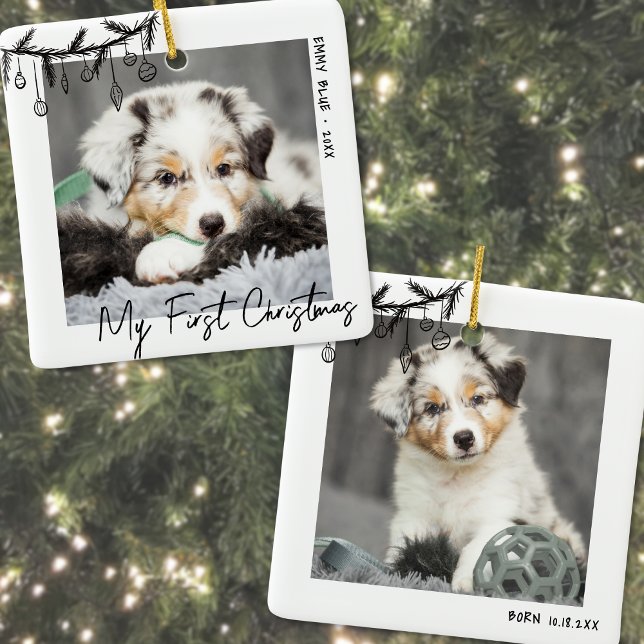 Adorno De Cerámica Fotografía de mi primer Mascota de Navidad (Puppy My First Christmas Pet Photo Ceramic Ornament)
