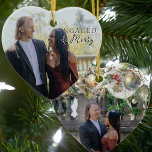 Adorno De Cerámica Fotografía de Pareja Corazón de Doble costado de e<br><div class="desc">Ornamento de fotos enganchado y con merry - perfecto para la primera navidad de una pareja comprometida. La plantilla de fotos está configurada para que añada una foto de compromiso en cada lado. Un lado tiene un elegante superpuesto de texto que dice "comprometido y alegre" y el otro lado como...</div>