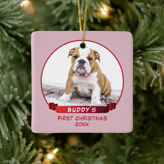 Adorno De Cerámica Fotografía de perro de Navidades pupilos rosados (Árbol)