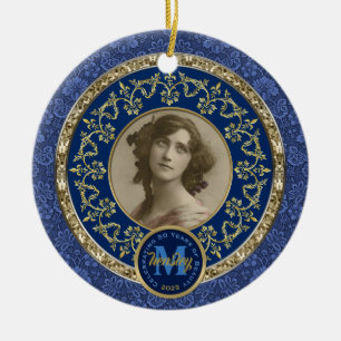 Adorno De Cerámica Fotografía Gold Classic Damask conmemorativo azul