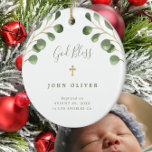 Adorno De Cerámica Fotografía verde del eucalipto follaje del bebé ba<br><div class="desc">Hojas de eucalipto color de agua verde y un elegante guión de caligrafía de estilo manuscrito que hace que un hermoso niño o chica bautizado Navidades personalizados mantengan adorno de árbol blanco.</div>