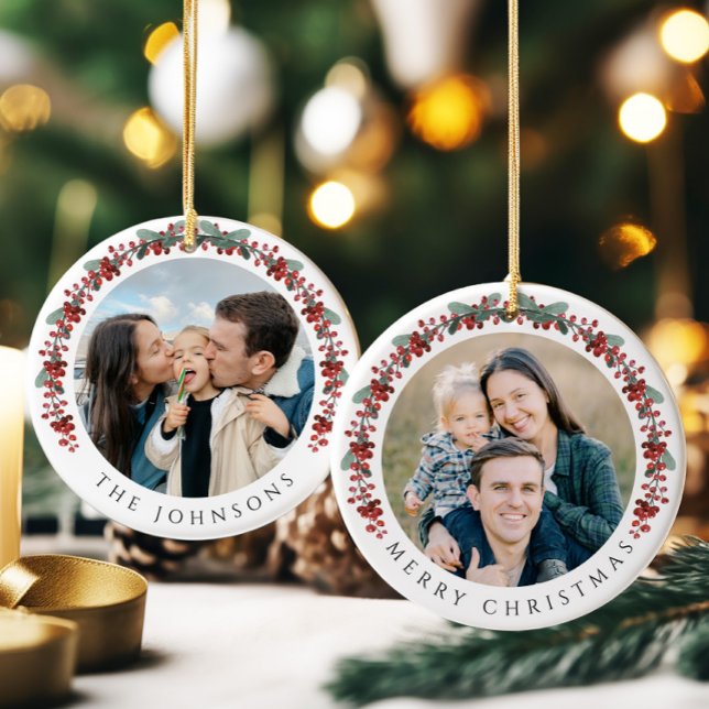 Adorno De Cerámica Fotos botánicas de Merry Christmas Holly (Merry Christmas Holly Botanical Photo Ceramic Ornament)