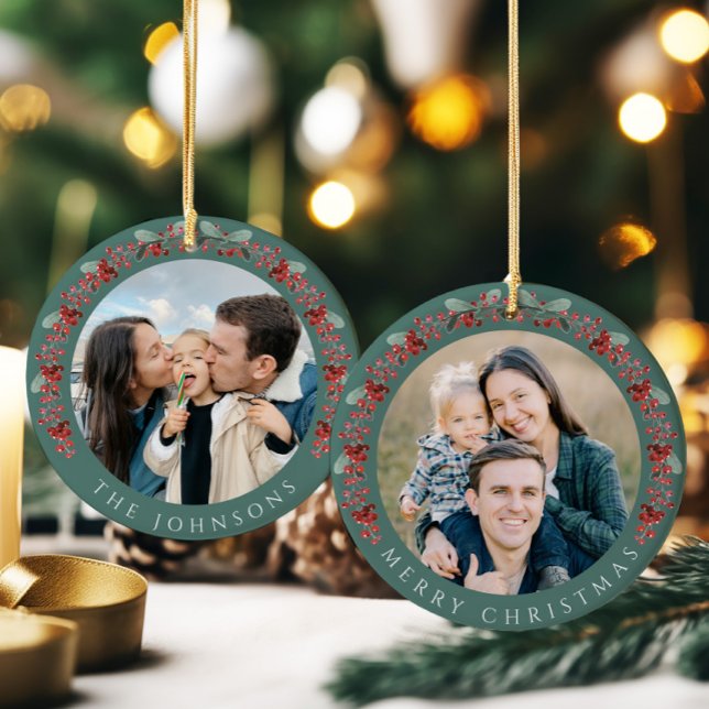 Adorno De Cerámica Fotos botánicas de Merry Christmas Holly (Merry Christmas Holly Botanical Photo Ceramic Ornament)