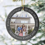 Adorno De Cerámica Fotos de 2 casas Primer Xmas Nuevo Faux Chalkboard<br><div class="desc">Celebra la alegría de tu nuevo lugar con una foto personalizado de dos fotos "Primera Navidad en nuestro nuevo hogar" en un falso tablero de tiza alrededor de un adorno de cerámica. Todos los textos e imágenes de esta plantilla son fáciles de personalizar y pueden ser diferentes o iguales en...</div>