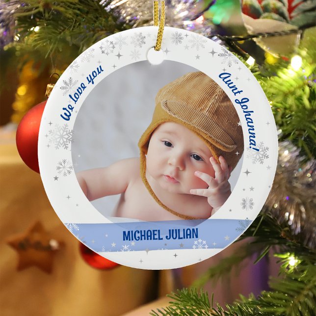 Adorno De Cerámica Fotos de Chicas gemelos de primera bebé navideña (Modern Elegant Cute We love you Aunt Auntie Our First Christmas Twins Baby Boy Girl Snowflakes Stars)