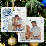 Adorno De Cerámica Fotos de compromiso de 2 plazas comprometidas y br<br><div class="desc">Ornamento fotográfico brillante y comprometido - perfecto para regalo de compromiso o parejas en primera Navidad comprometidas! El diseño presenta adornos en baudible azul con delicados follajes de invierno para enmarcar tu foto y está elegantemente escrito con inglés y brillante. El otro lado del adorno tiene una segunda foto enmarcada...</div>