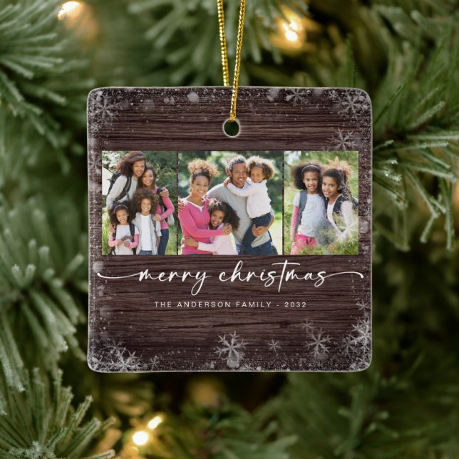 Adorno De Cerámica Fotos de copos de nieve de madera rústica Feliz Na (Árbol)