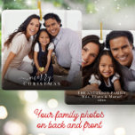 Adorno De Cerámica Fotos de escritura moderna de Merry Christmas Gold<br><div class="desc">Minimalista foto de vacaciones en familia adorno en un moderno diseño de escritura tipografía leyendo Feliz Navidad bajo un corazón dorado impreso con tu foto favorita. Traiga alegría a sus seres queridos con este lindo, simple y moderno regalo de Navidades de mantenimiento de la familia. Las características de la parte...</div>