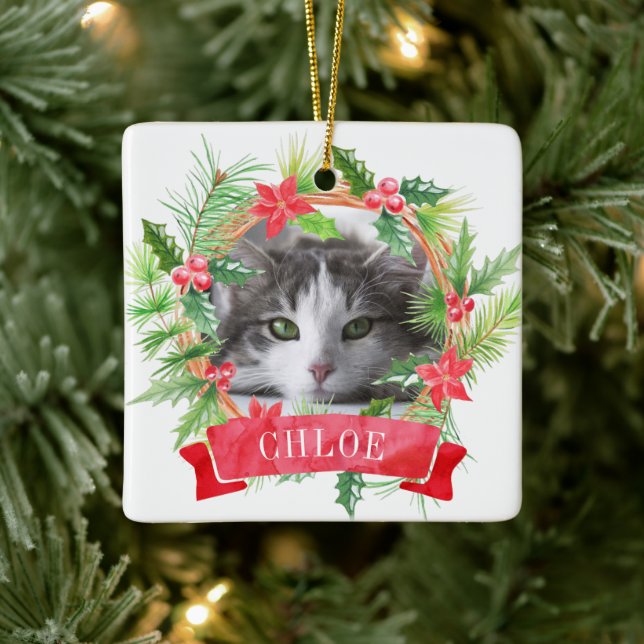 Adorno De Cerámica Fotos de gato Holly Wreath (Árbol)