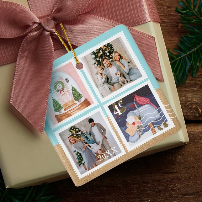 Adorno De Cerámica Fotos de la familia de los Navidades festivos sell (Fun Festive Christmas Family Photos Postage Stamps Ceramic Ornament)