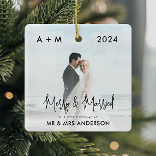 Adorno De Cerámica Fotos de la primera Navidad de Feliz y Casado