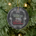 Adorno De Cerámica Fotos de Mistletoes de Chalkboard Rústico de Feliz<br><div class="desc">'Deseándote Una Feliz Navidad' Colorida Tipografía De Saludos Dentro De Un Marco Tradicional De Vintage, Navidades Rústicos Tablero Con Ornamento De Festividades De Mistletos. Diseñado por fat*fa*tin. Fácil de personalizar con su propio texto, foto o imagen. Para solicitudes de personalizados, por favor contacte directamente con fat*fa*tin. Se cobran cargos por...</div>