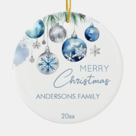 Adorno De Cerámica Fotos de navidad de baubles azul plateado