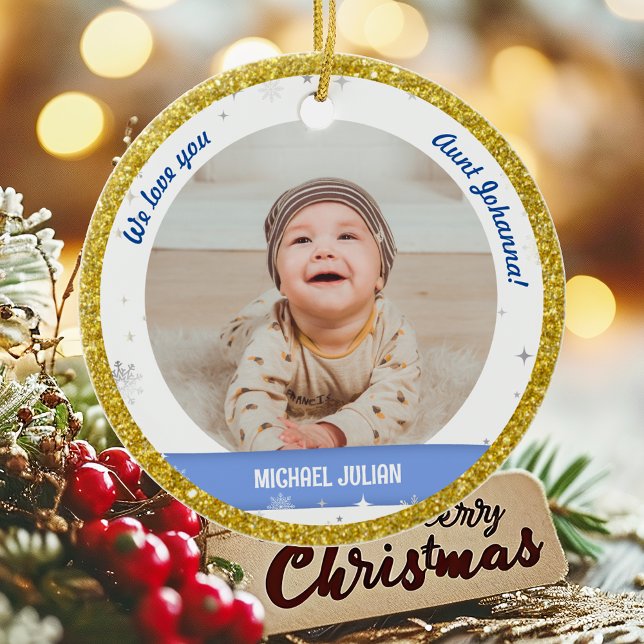 Adorno De Cerámica Fotos de niños gemelos con un bebé navideño pequeñ (Cute Modern Elegant Personalized First Christmas Baby We love you Auntie Twin Boys 2 Photos Golden)