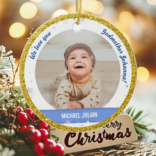 Adorno De Cerámica Fotos de niños gemelos, padrina, primera bebé navi (Cute Modern Elegant Personalized First Christmas Baby We love Godmother Twin Boys 2 Photos Golden)