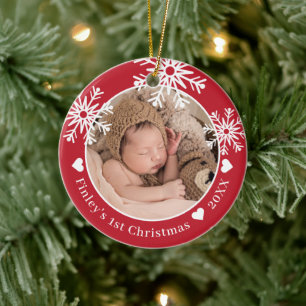 Adorno De Cerámica Fotos navideñas del primer bebé rojo
