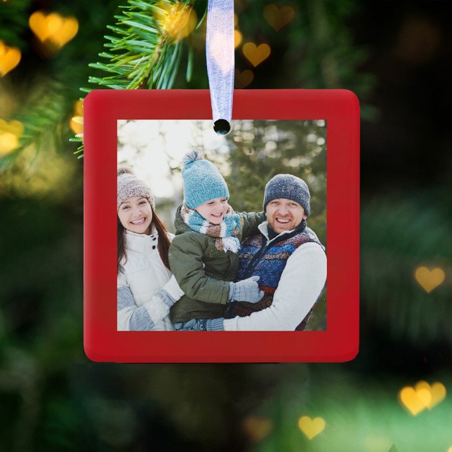 Adorno De Cerámica Fotos navideñas Sencillo guión rojo (A Merry Christmas red photo ornament template. )