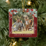 Adorno De Cerámica Fotos navideñas y acuarela Holly Burgundy<br><div class="desc">Crear recuerdos de vacaciones duraderos con nuestro ornamento personalizado de cerámica de Feliz Navidad. Este adorno cuadrado,  adornado con una colmena de agua y bayas,  le permite personalizar de una foto central e incluir nombres para un regalo verdaderamente único. Perfecto para hacer su árbol y Navidades aún más especiales.</div>