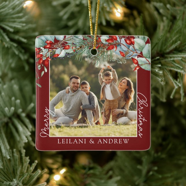 Adorno De Cerámica Fotos navideñas y acuarela Holly Burgundy (Árbol)