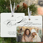 Adorno De Cerámica Fotos navideñas y caligrafía elegante<br><div class="desc">Feliz ornamento de fotos navideñas que puedes personalizar con tu foto favorita y tu texto personalizado en la parte de atrás. Diseño tipográfico elegante con caligrafía rápida y fácil de editar para amigos o familiares. Este adorno vacacional está escrito con Feliz Navidad por un lado y texto editable por el...</div>